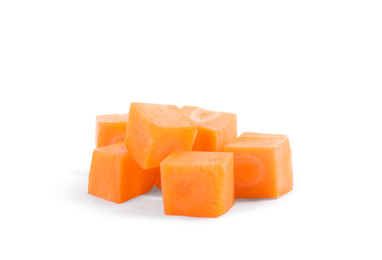 Photo of Pieces of fresh ripe carrot isolated on white