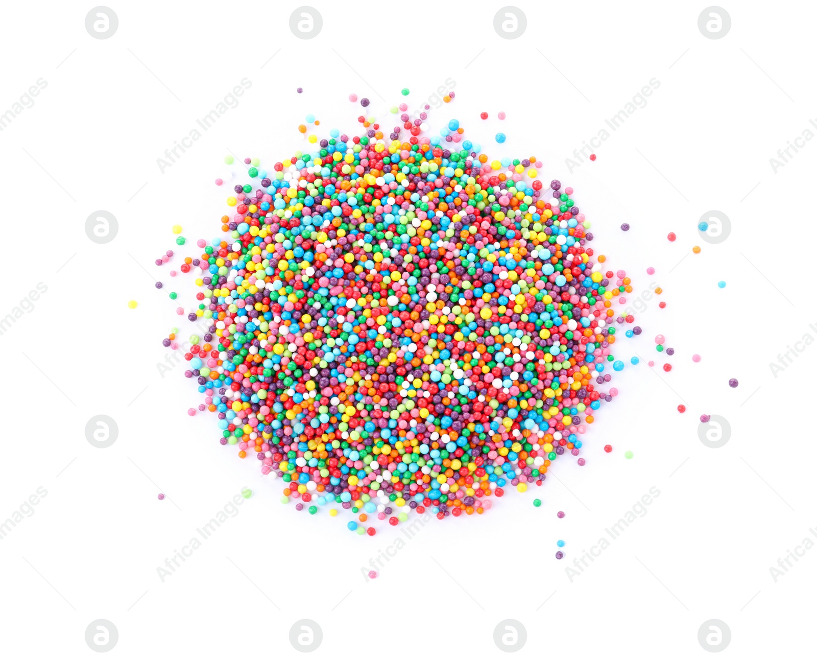 Photo of Colorful sprinkles on white background, top view. Confectionery decor