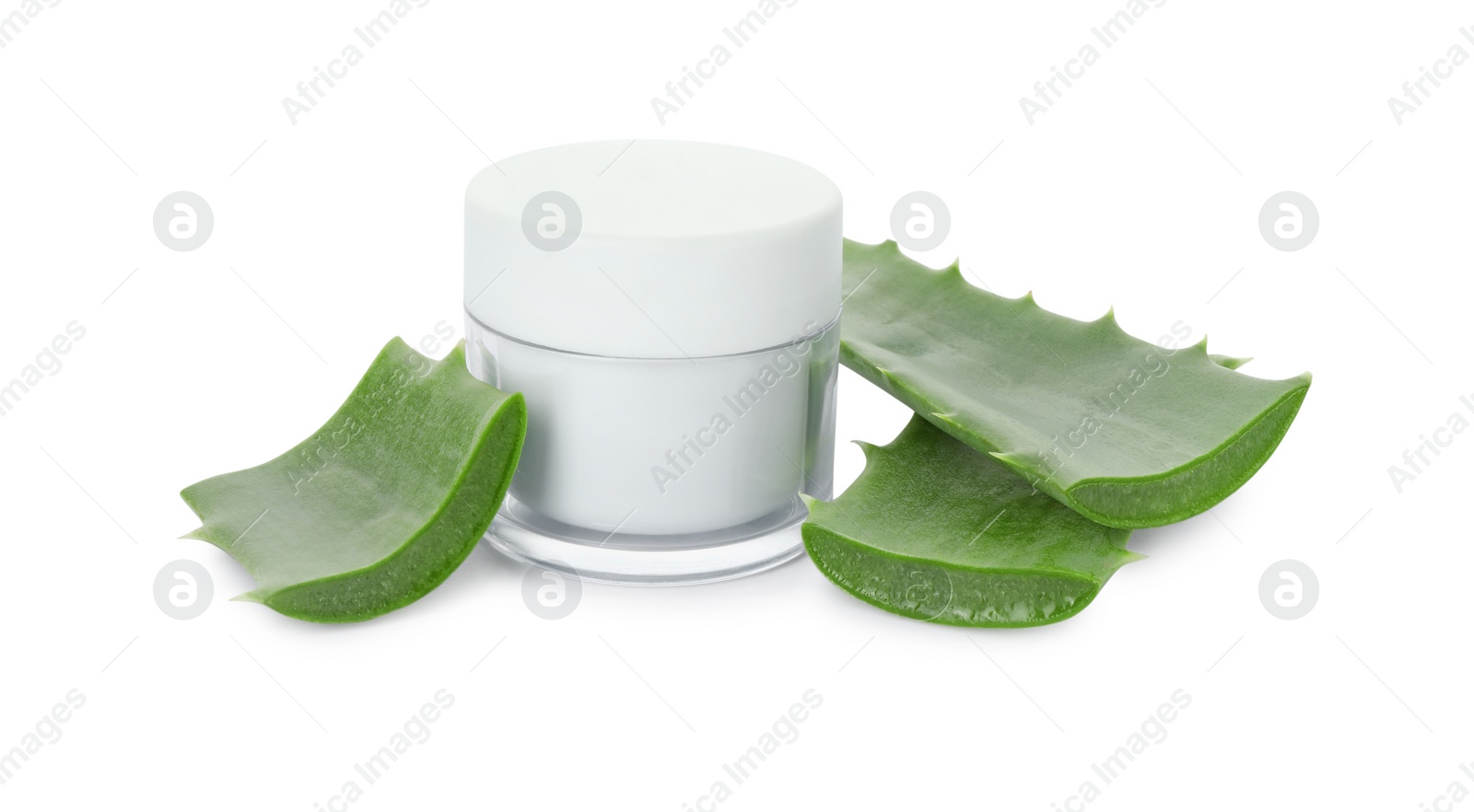 Photo of Jar of natural cream and cut aloe leaves isolated on white