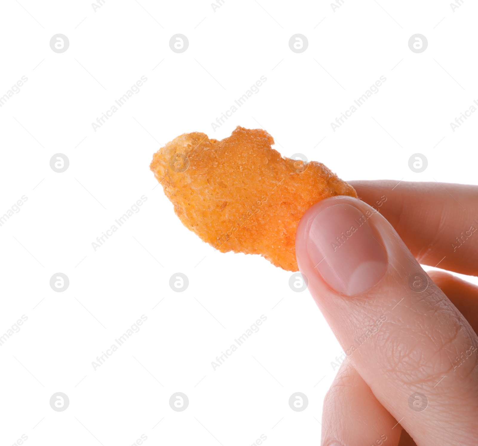 Photo of Woman holding crispy rusk on white background, closeup