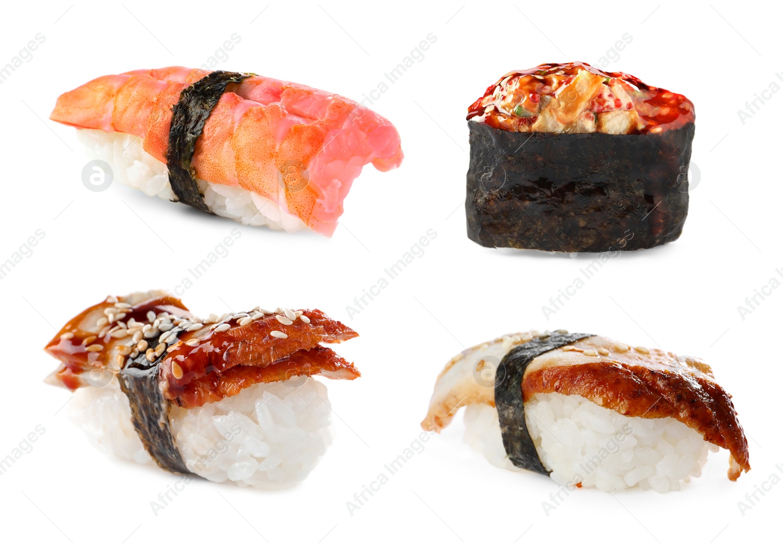 Image of Set with different types of sushi on white background