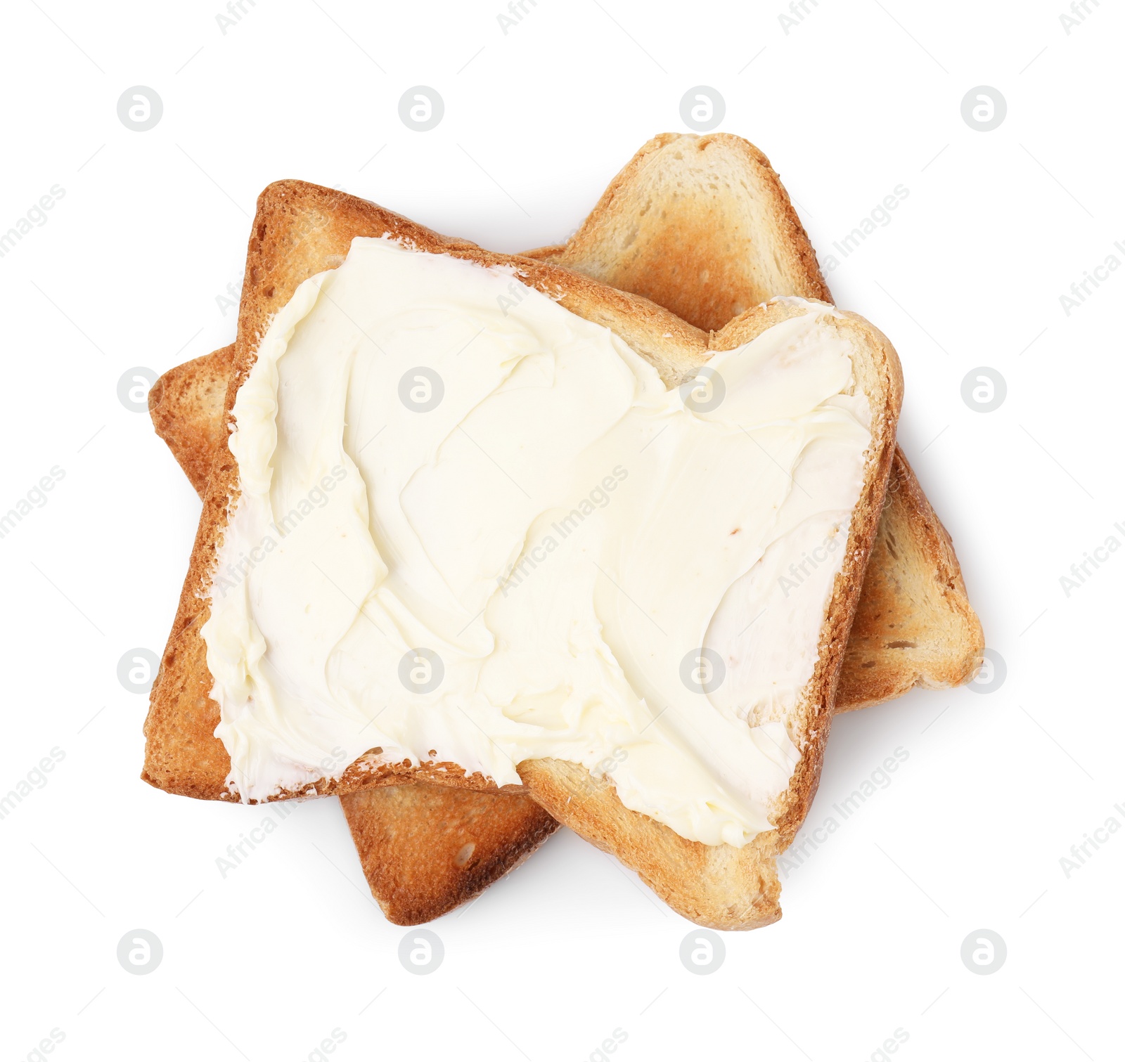 Photo of Toasts with butter isolated on white, top view