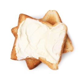 Photo of Toasts with butter isolated on white, top view