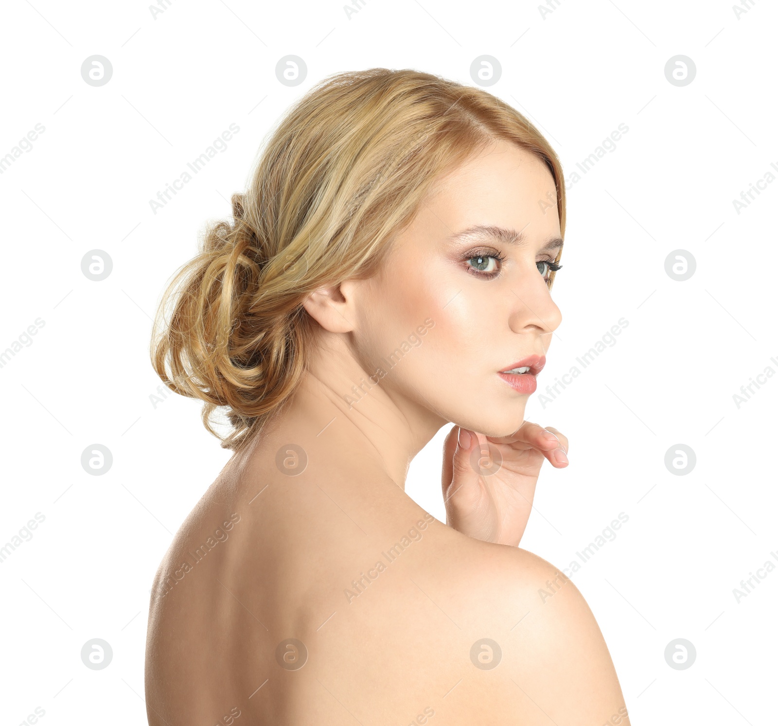 Photo of Portrait of beautiful woman with blonde hair on white background