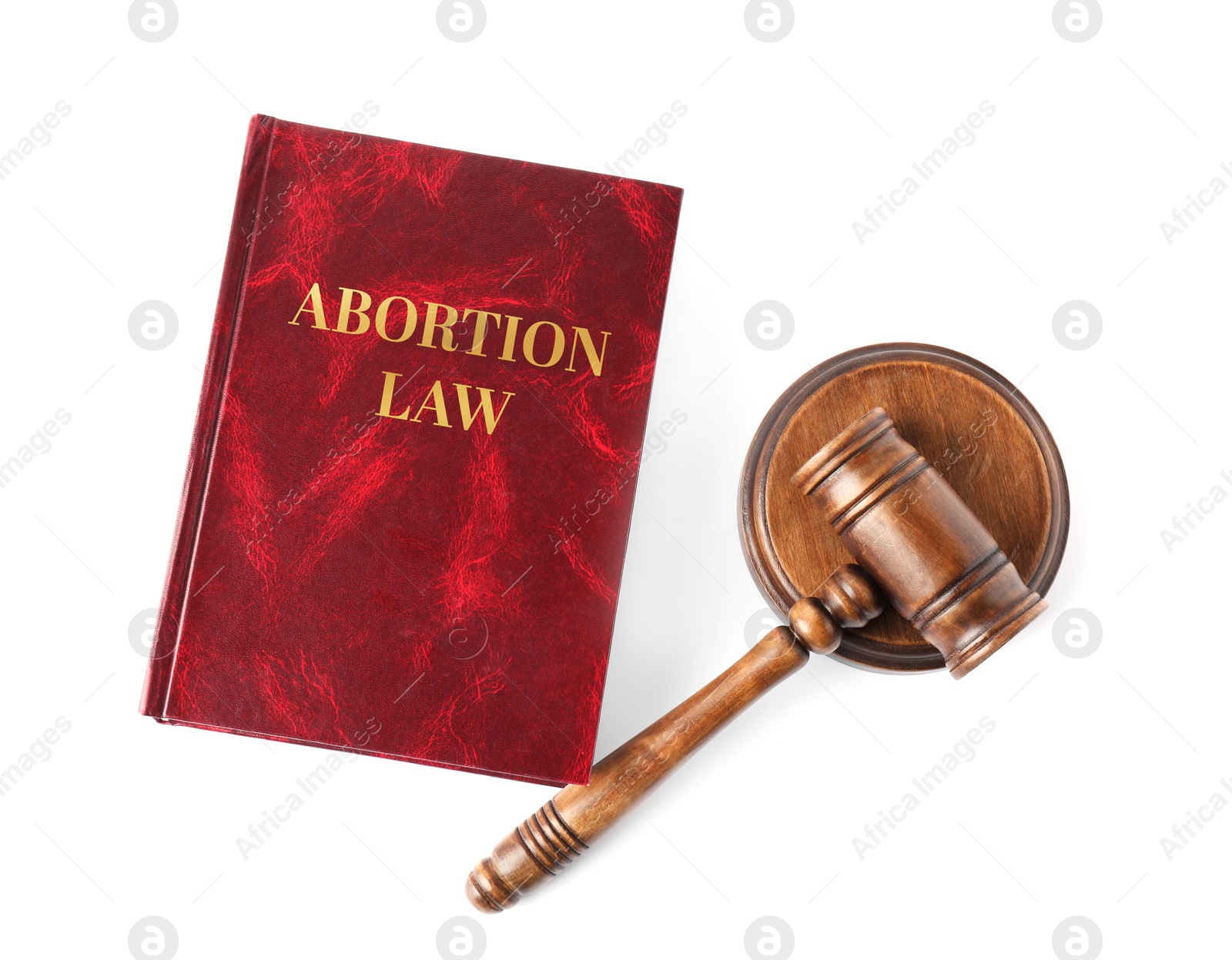 Image of Abortion Law book and gavel on white background, top view