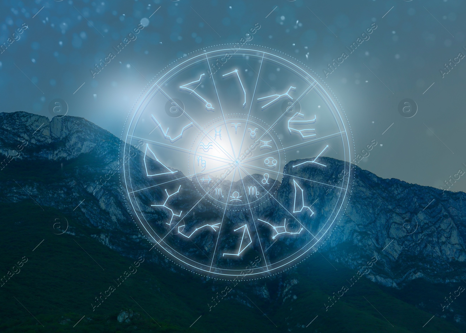 Image of Zodiac wheel with 12 astrological signs and star constellations and mountain landscape on background