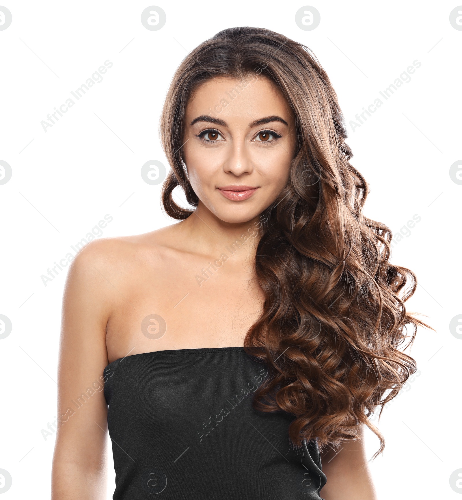 Photo of Beautiful woman with shiny wavy hair on white background