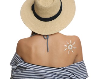 Photo of Teenage girl with sun protection cream on her back against white background