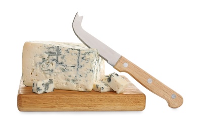 Photo of Delicious Brie cheese and knife on white background
