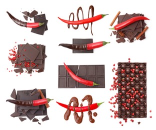 Image of Collage with delicious chocolate, red peppercorns and chili peppers on white background, top view