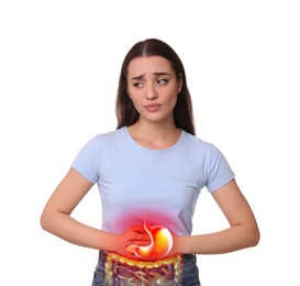 Woman suffering from stomach ache on white background. Illustration of unhealthy gastrointestinal tract