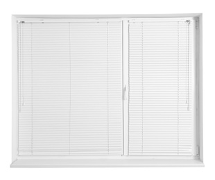 Image of Modern window with closed blinds on white background