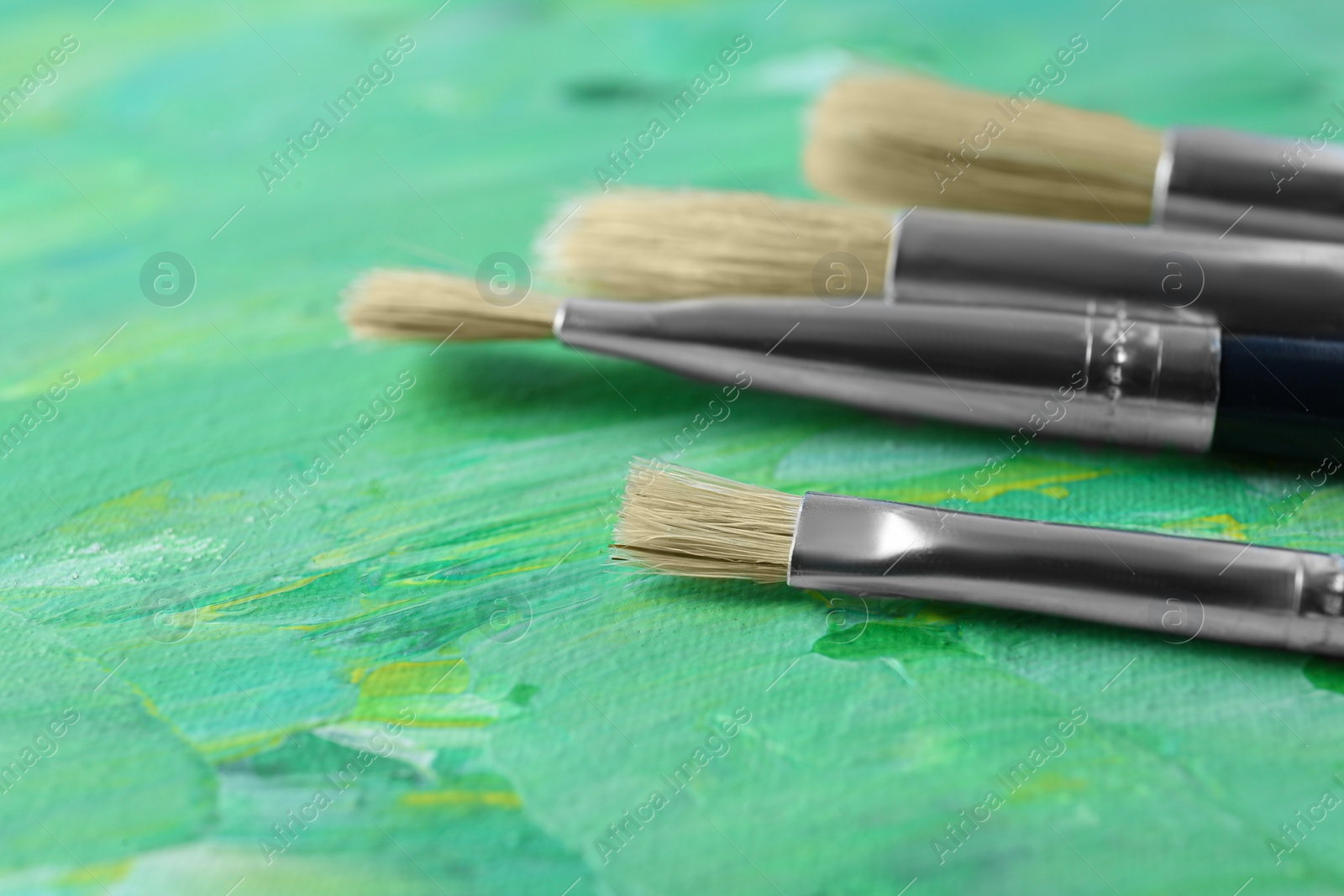 Photo of Set of different brushes on abstract colorful paint, closeup