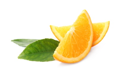 Photo of Slices of fresh ripe orange with green leaves on white background