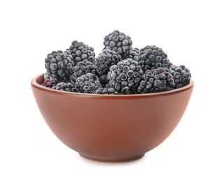 Photo of Tasty frozen blackberries in bowl isolated on white