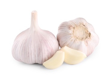 Heads of fresh garlic and cloves isolated on white