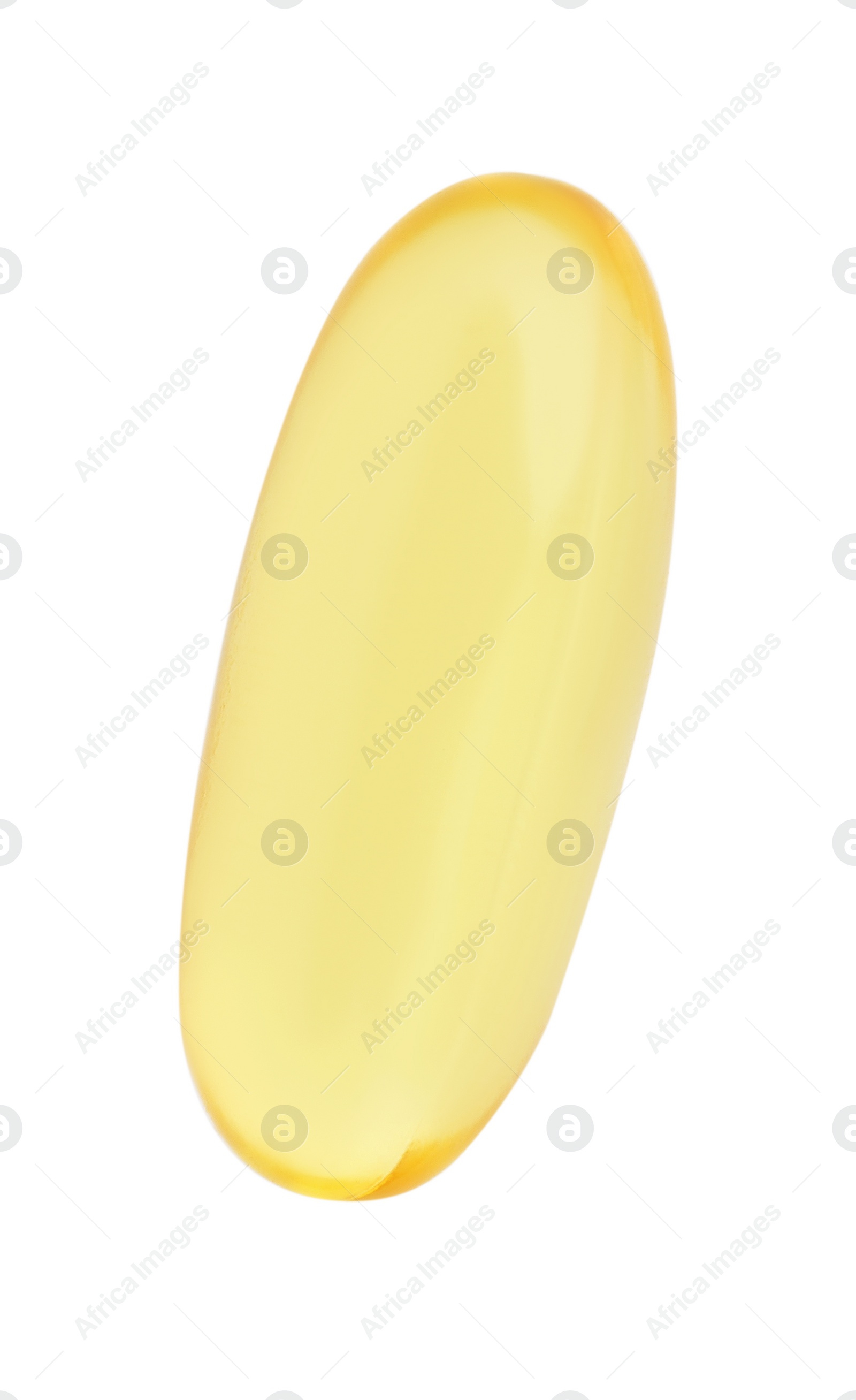 Photo of One yellow vitamin capsule isolated on white, top view