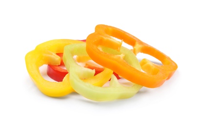 Photo of Rings of ripe bell peppers on white background