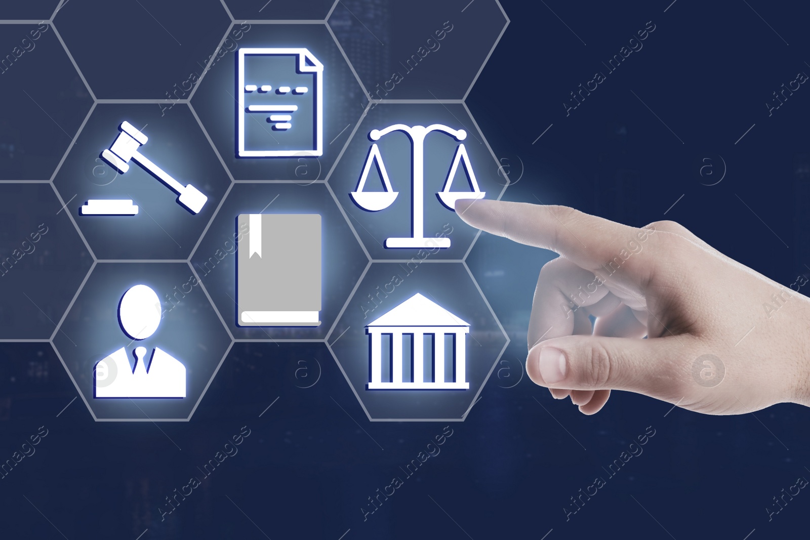 Image of Laws, legal information and online consultation. Woman using virtual screen with icons, closeup