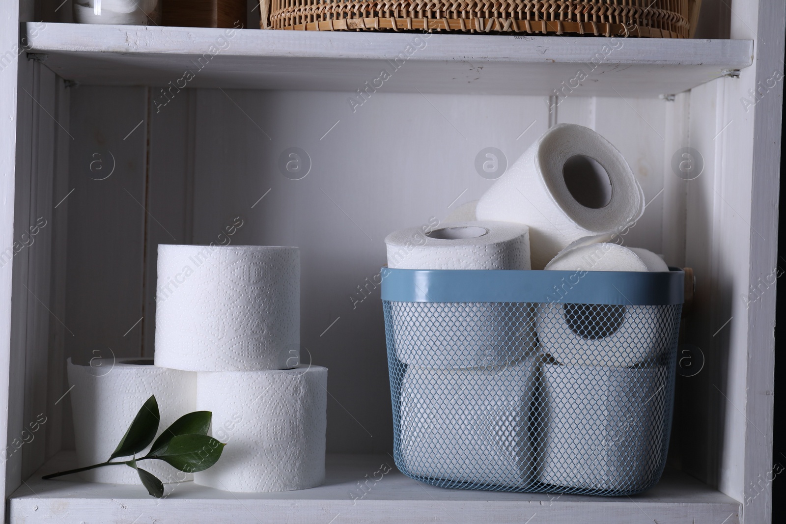 Photo of Toilet paper rolls and green leaves on white shelf