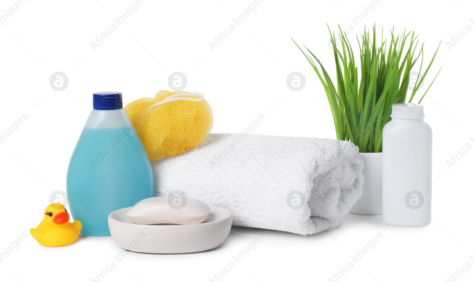 Photo of Baby cosmetic products, bath duck, sponge and towel isolated on white