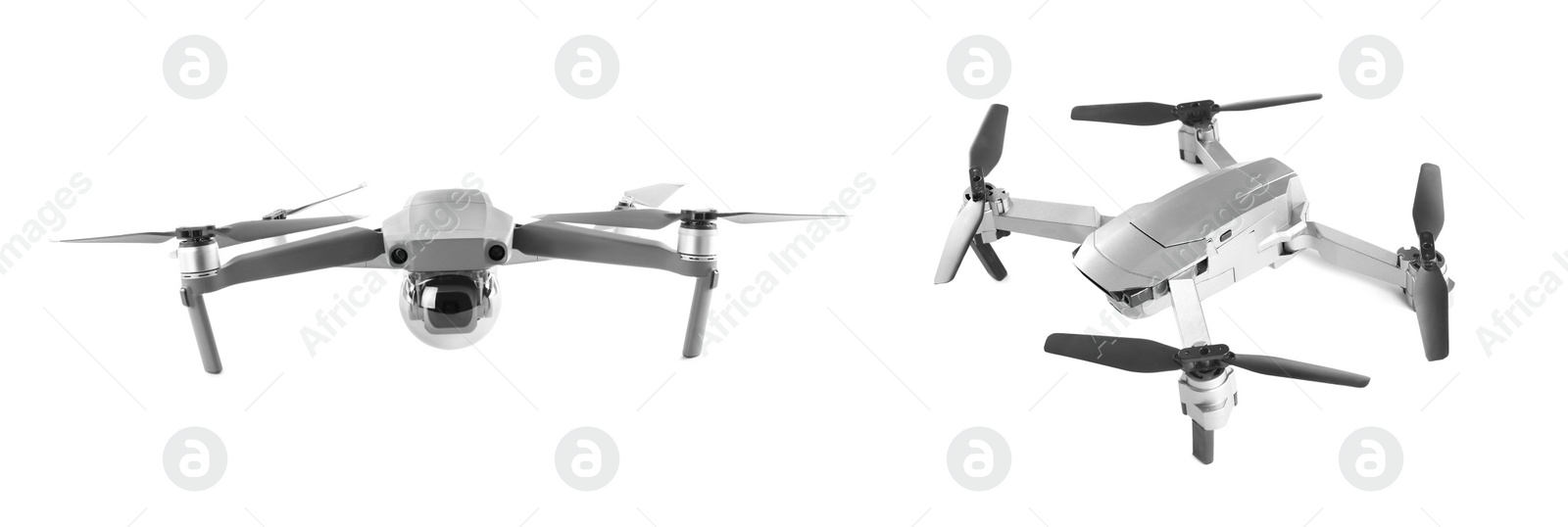 Image of Different drones on white background. Modern gadget