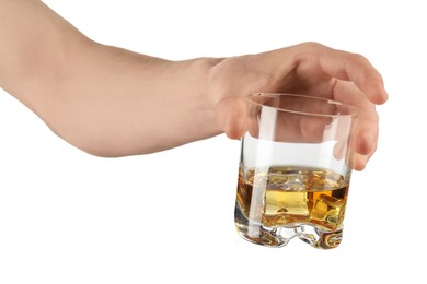 Photo of Man holding glass of whiskey with ice cubes on white background, closeup