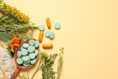 Photo of Different pills, herbs and flowers on pale orange background, flat lay with space for text. Dietary supplements
