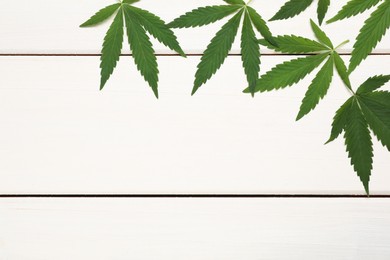 Fresh green hemp leaves on white wooden table, flat lay. Space for text