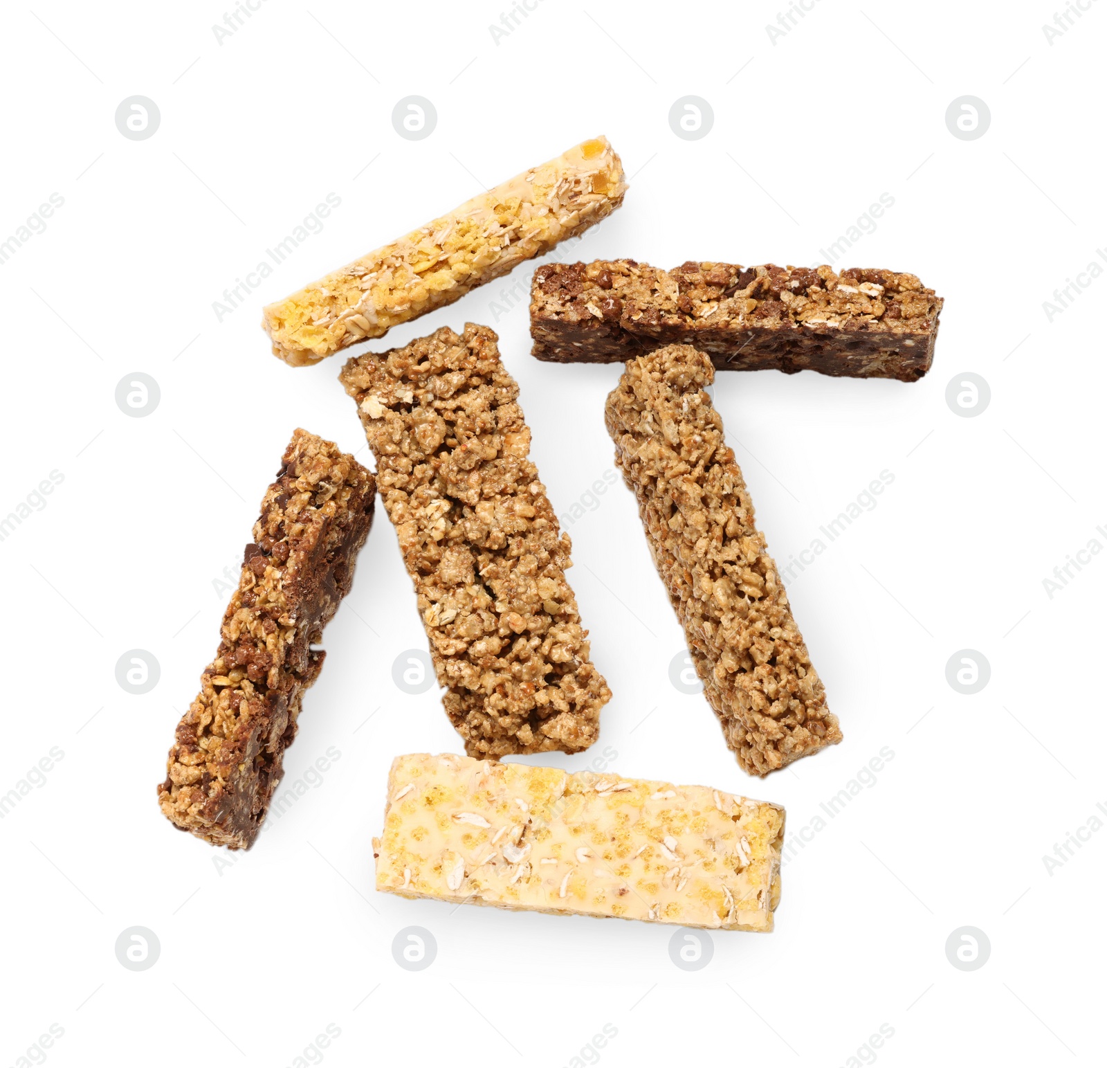 Photo of Different tasty granola bars isolated on white, top view