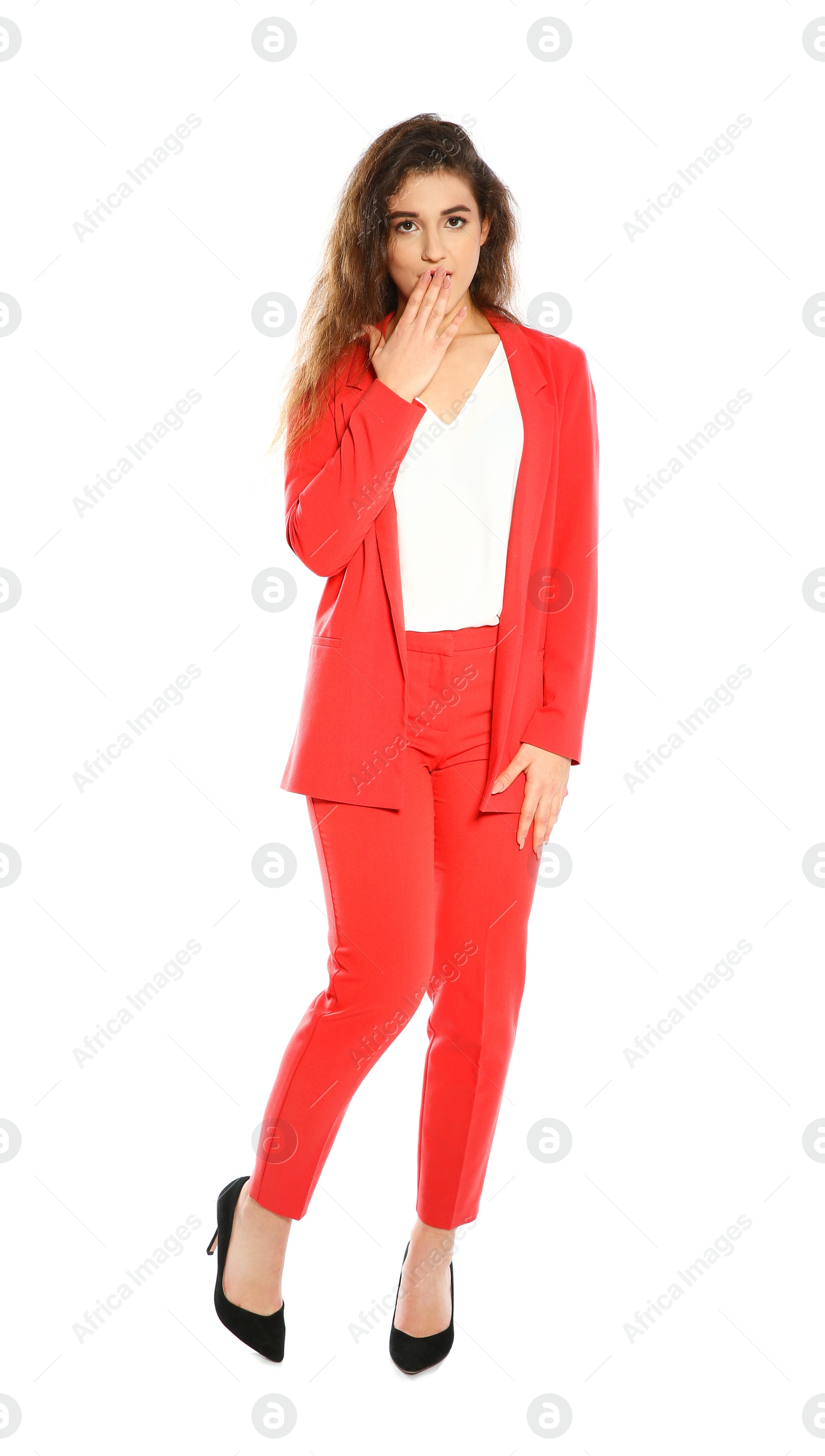 Photo of Beautiful young woman in stylish suit on white background