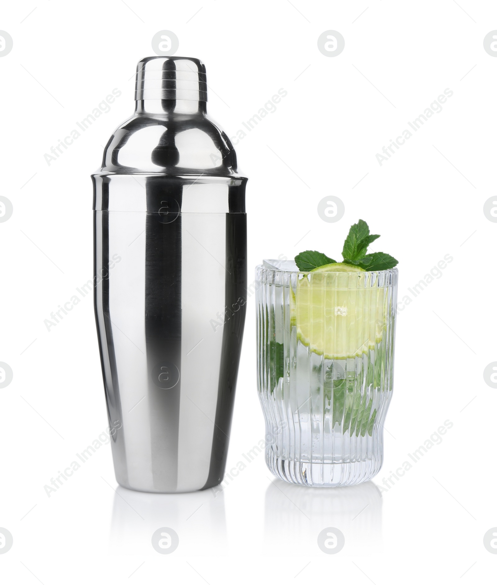 Photo of Metal cocktail shaker and delicious mojito isolated on white