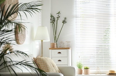 Photo of Beautiful tropical plants with lush leaves in stylish living room interior