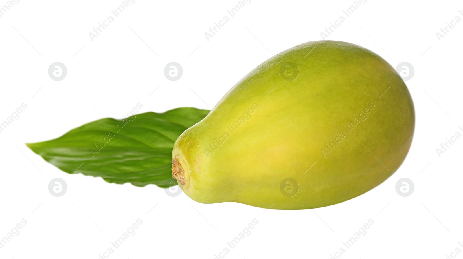 Photo of Fresh ripe papaya fruit with green leaf on white background