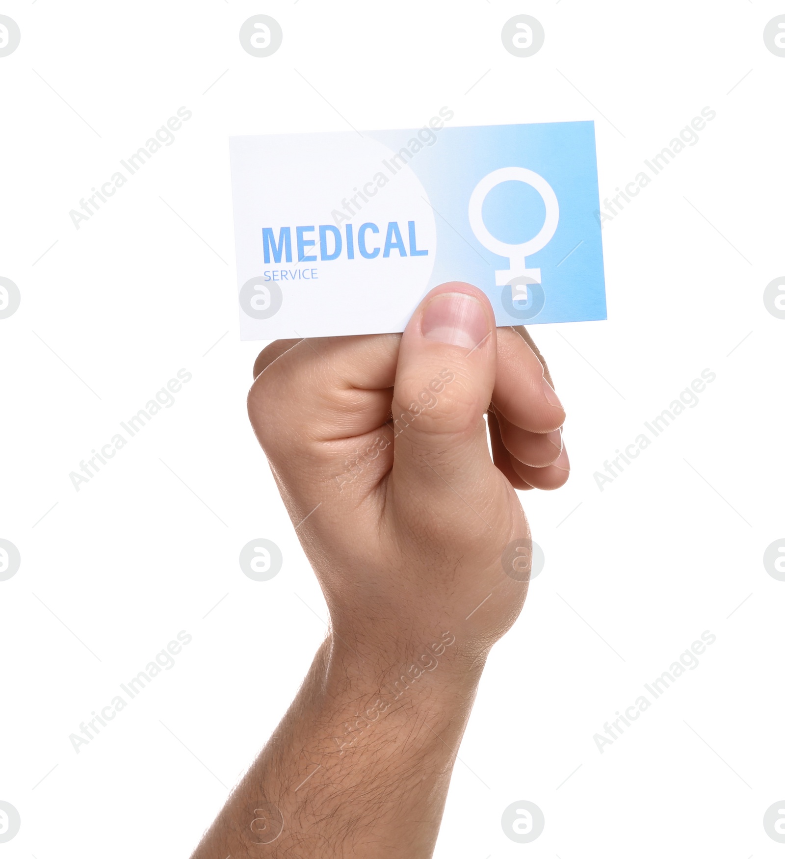 Photo of Man holding medical business card isolated on white, closeup. Women's health service