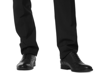 Businessman in leather shoes on white background, closeup