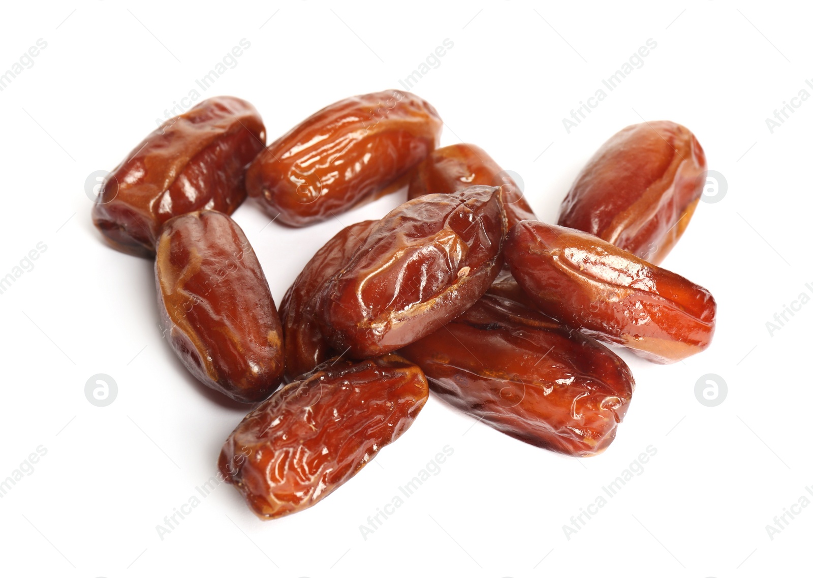 Photo of Heap of tasty sweet dried dates on white background