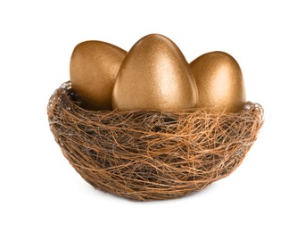Photo of Nest with golden eggs isolated on white. Pension concept