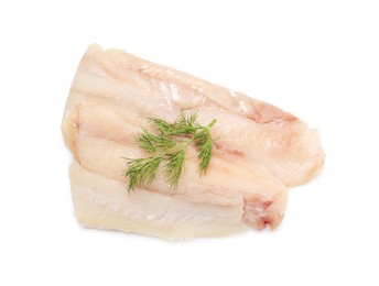 Photo of Pieces of raw cod fish and dill isolated on white, top view