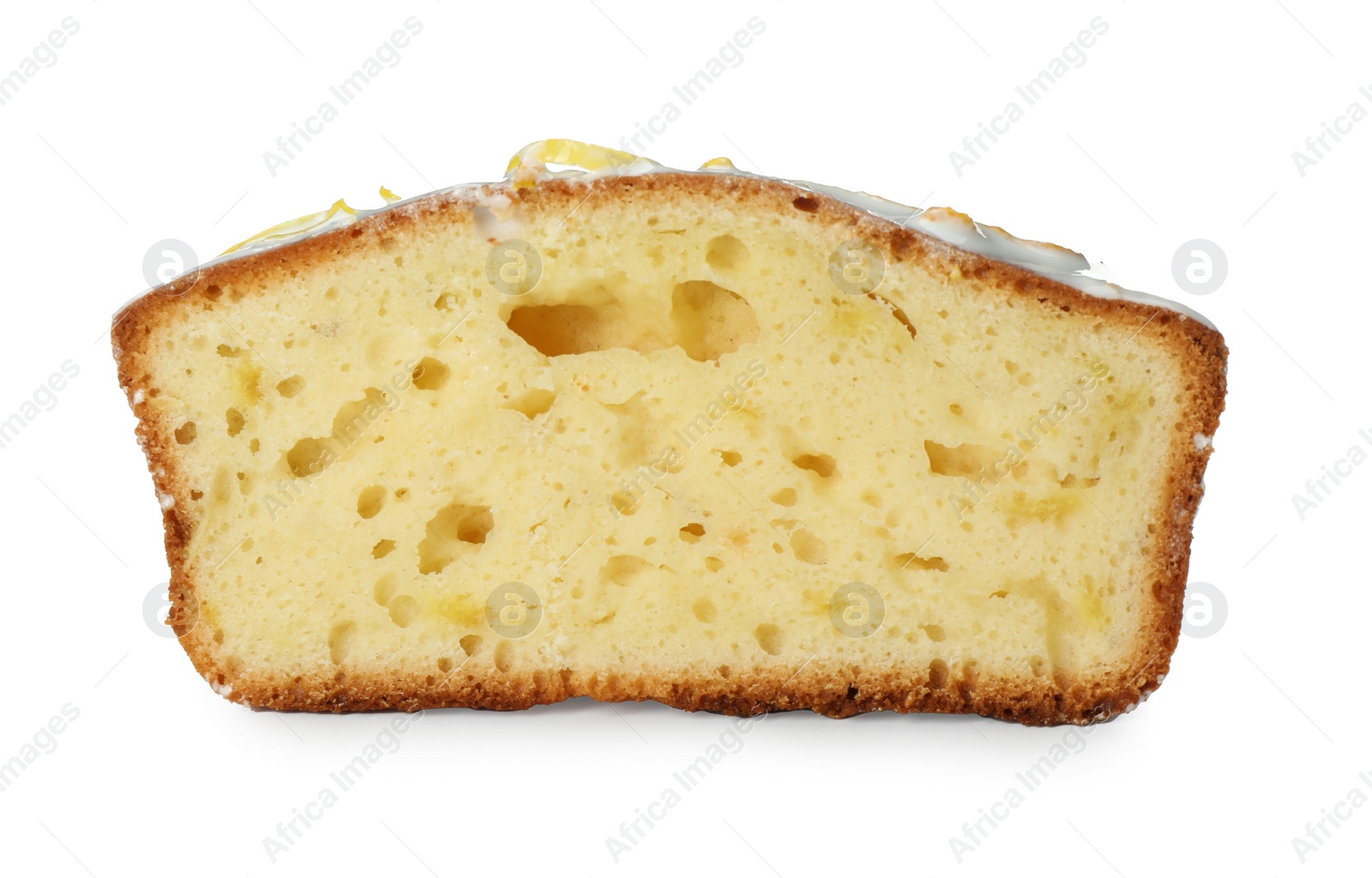 Photo of Piece of tasty lemon cake with glaze isolated on white