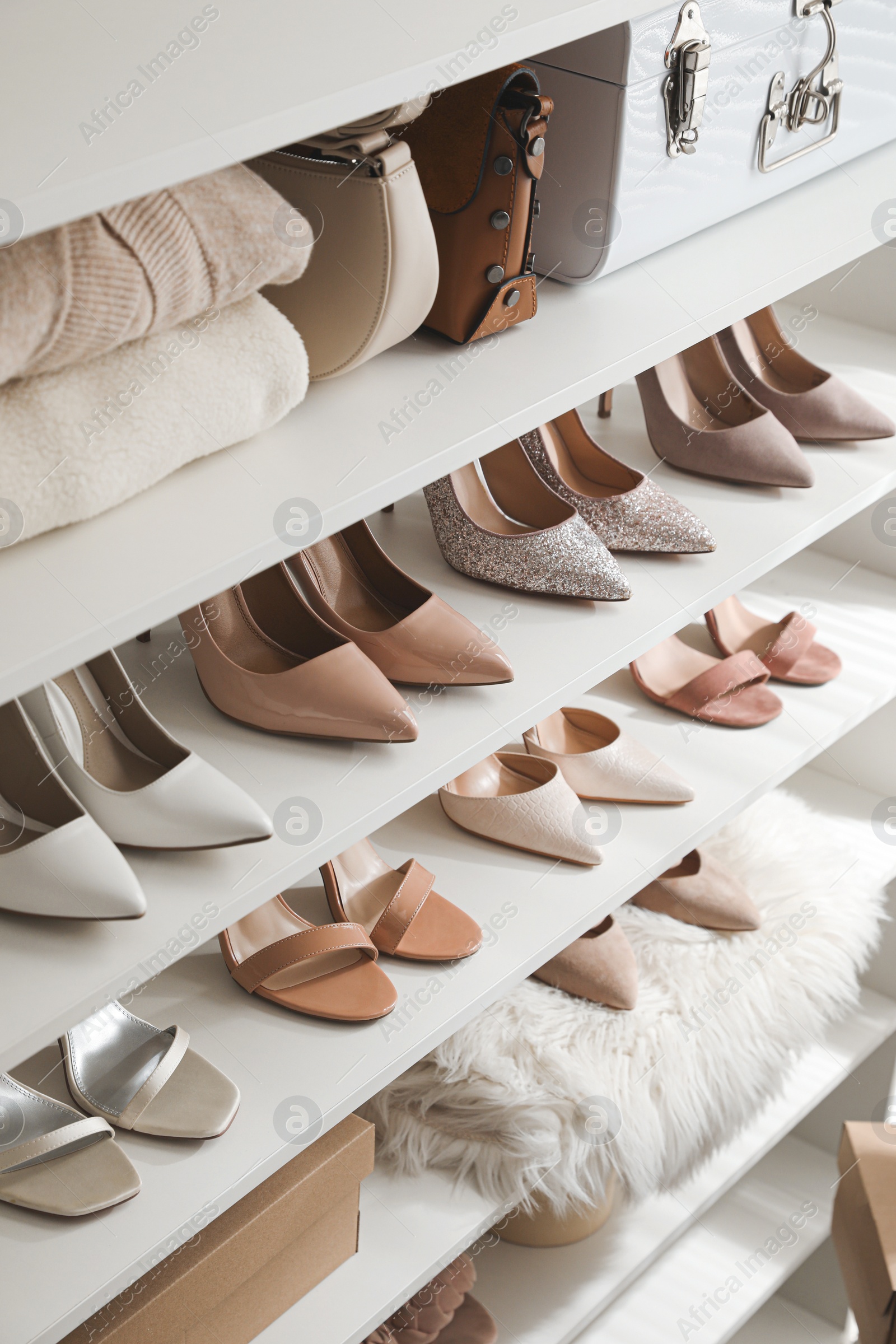 Photo of Stylish women's shoes, clothes and bags on shelving unit