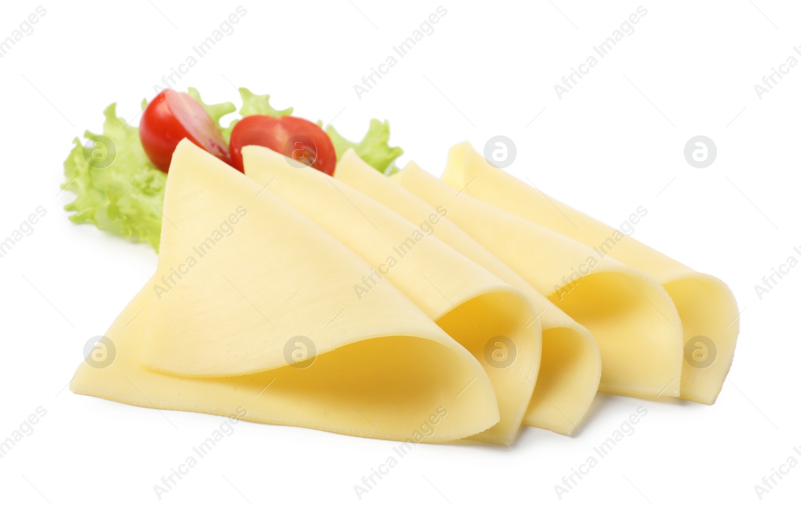 Photo of Slices of tasty fresh cheese, tomatoes and lettuce isolated on white