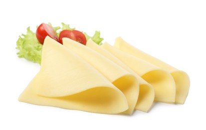 Slices of tasty fresh cheese, tomatoes and lettuce isolated on white