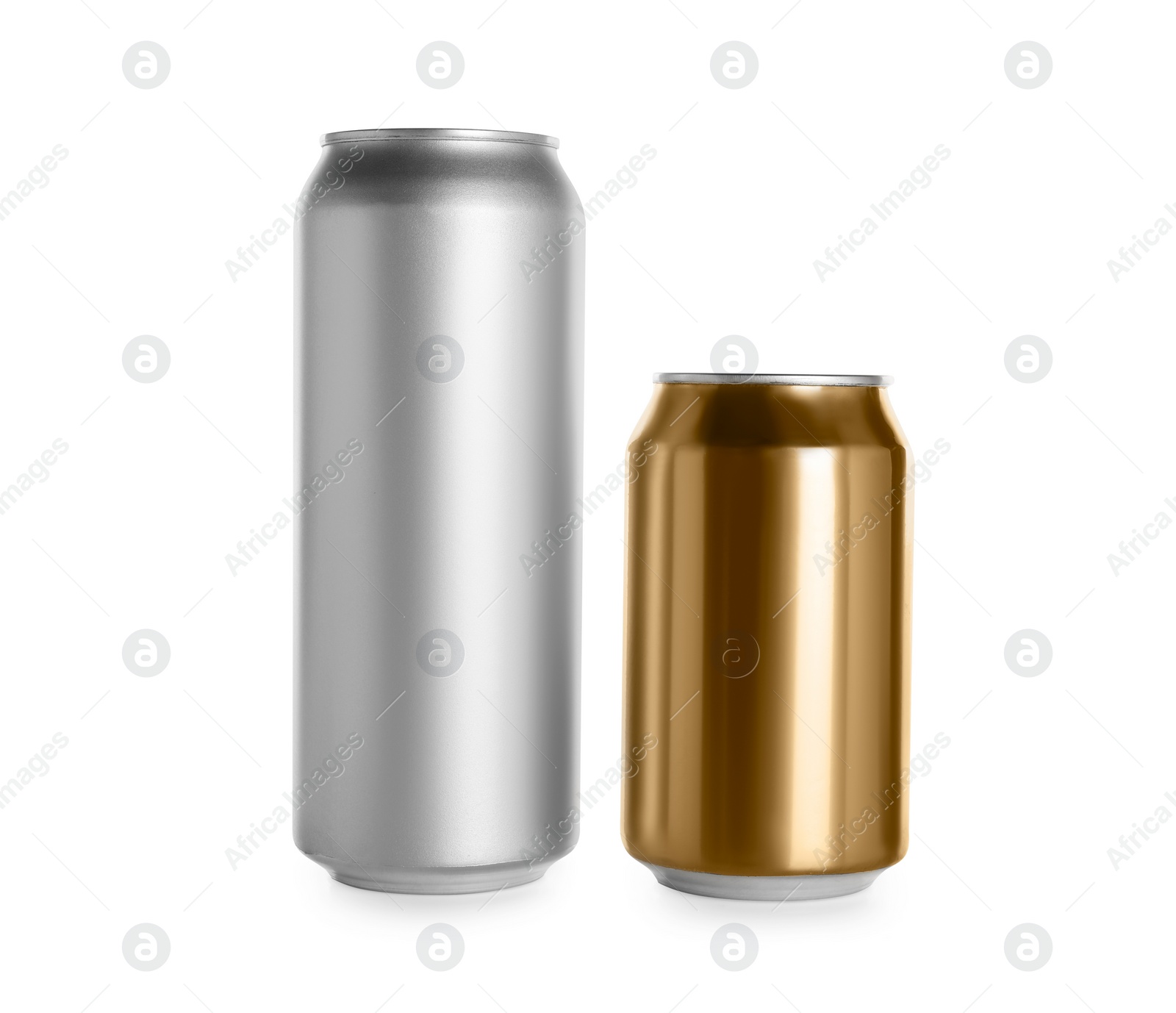 Photo of Aluminum cans with drinks on white background