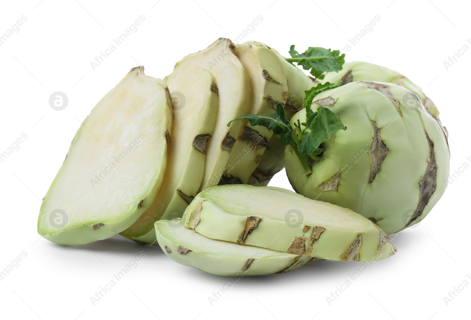 Photo of Fresh cut kohlrabi cabbage on white background