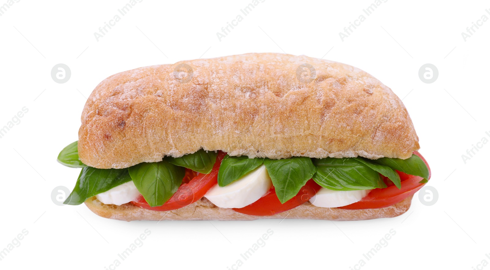 Photo of Delicious Caprese sandwich with mozzarella, tomatoes and basil isolated on white