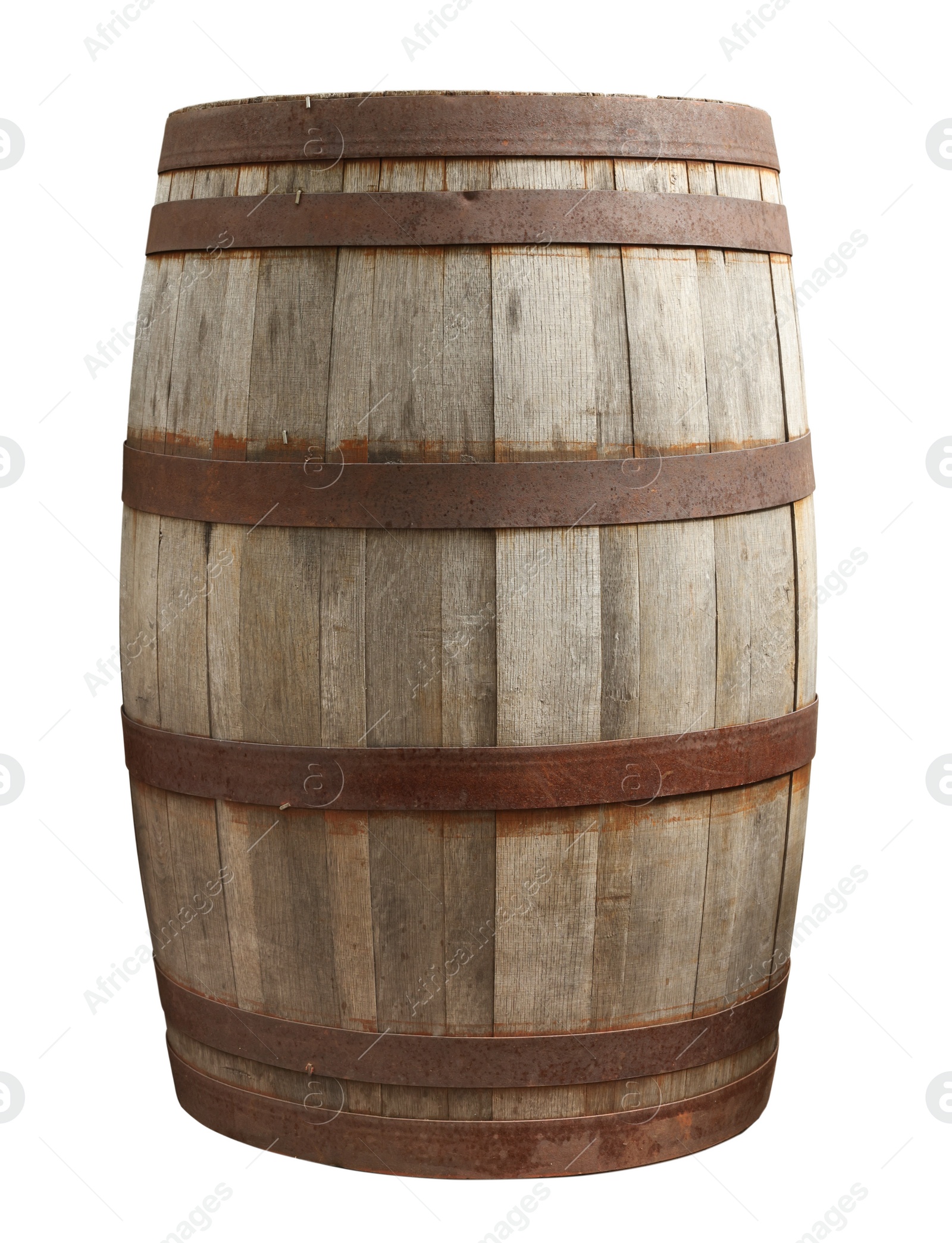 Image of One wooden barrel with metal hoops isolated on white