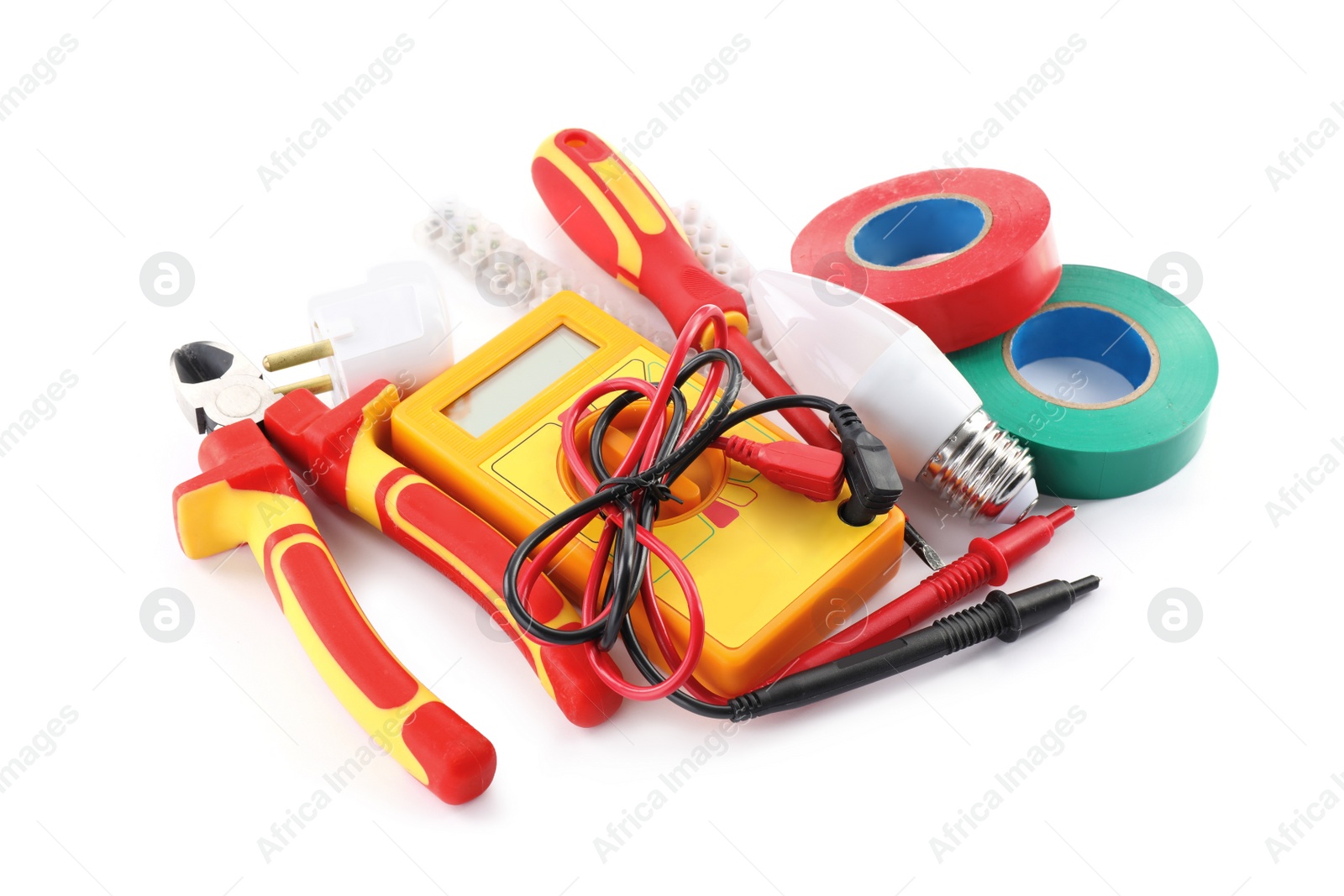 Photo of Set of electrician's tools and accessories on white background