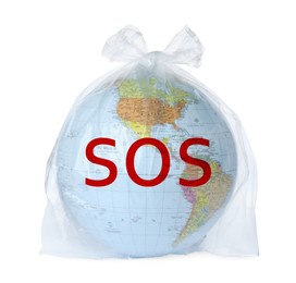 Globe with word SOS in plastic bag isolated on white. Environmental protection concept