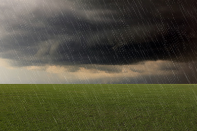 Image of Heavy rain over green grass on grey day
